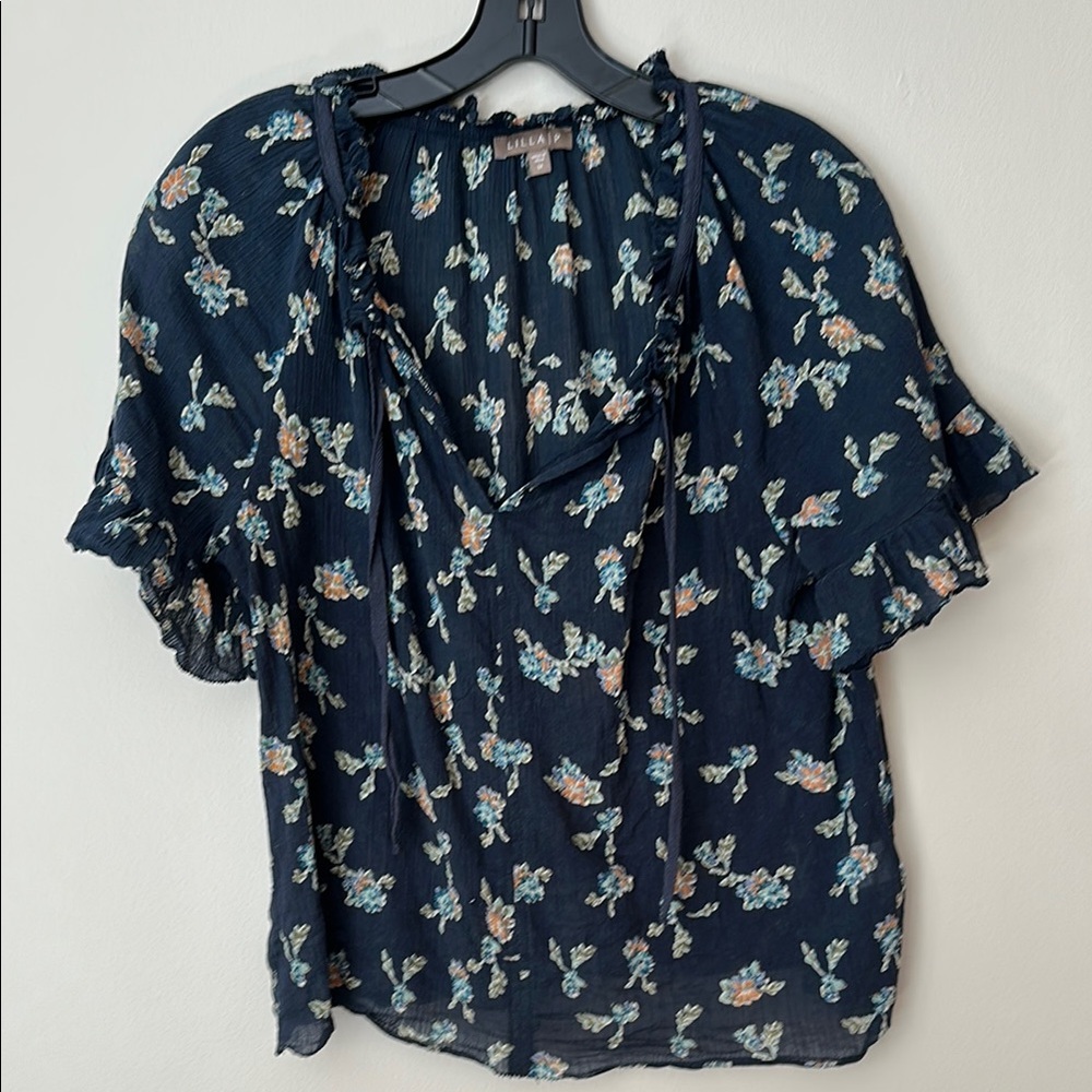 Lilla P Gauze lightweight Floral Navy Tunic top Summer Boho